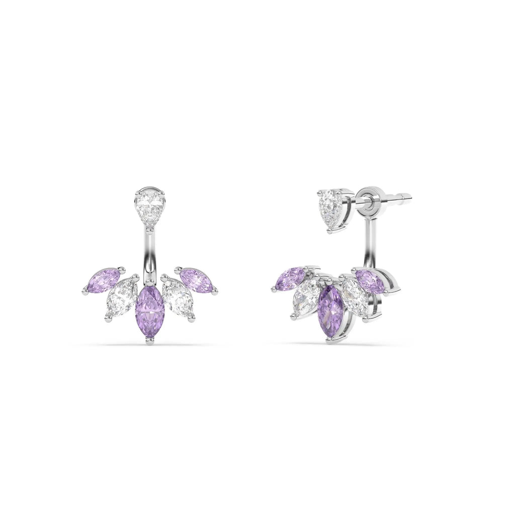 diamond stud earring handmade with amethyst and diamond ear jacket set in 14k solid gold