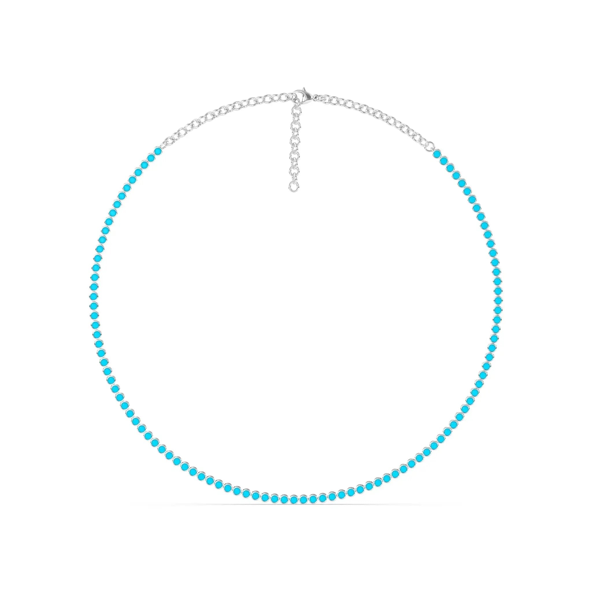 tennis necklace bezel set with turquoise handmade in 14k solid gold
