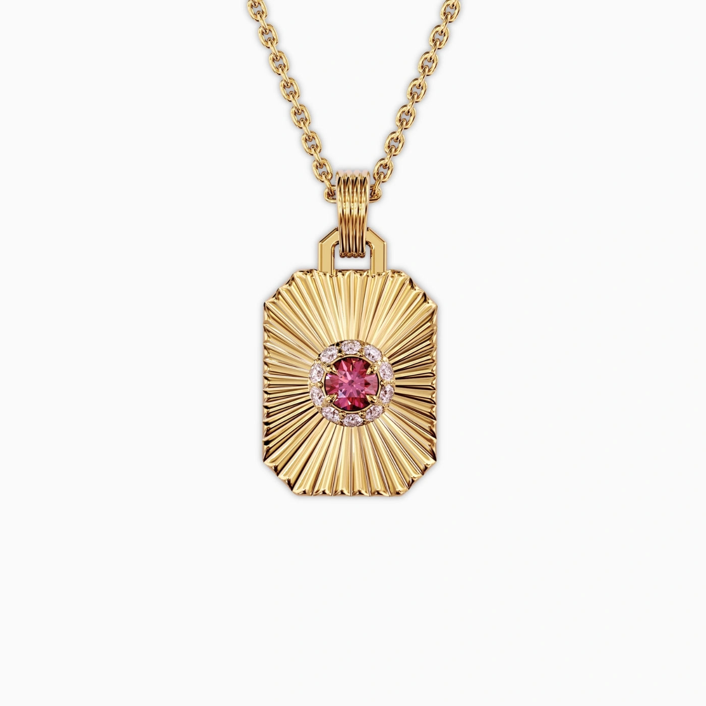 birthstone pendant with sundial face and ruby center stone and diamond halo