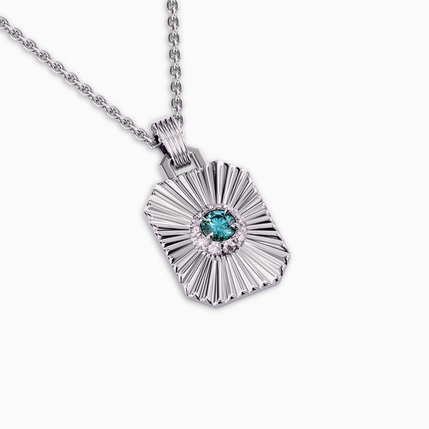 birthstone pendant with sundial face and teal tourmaline center stone and diamond halo in white gold