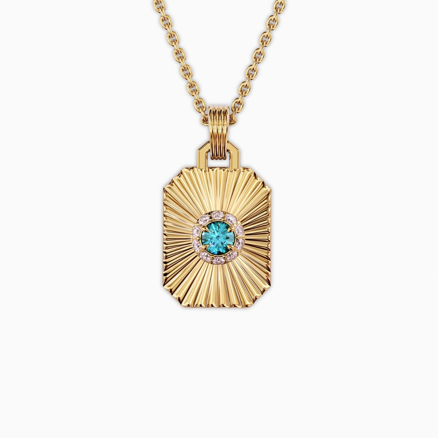 birthstone pendant with sundial face and teal tourmaline center stone and diamond halo