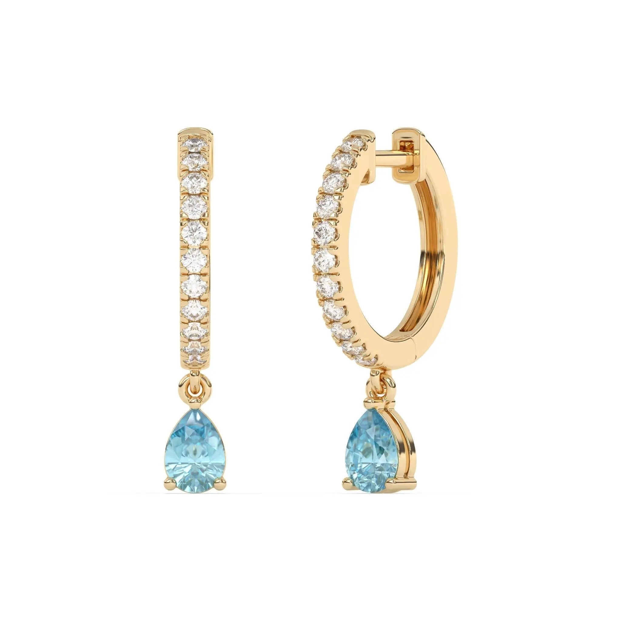 diamond huggies handmade with pear drop blue topaz set in 14k solid gold