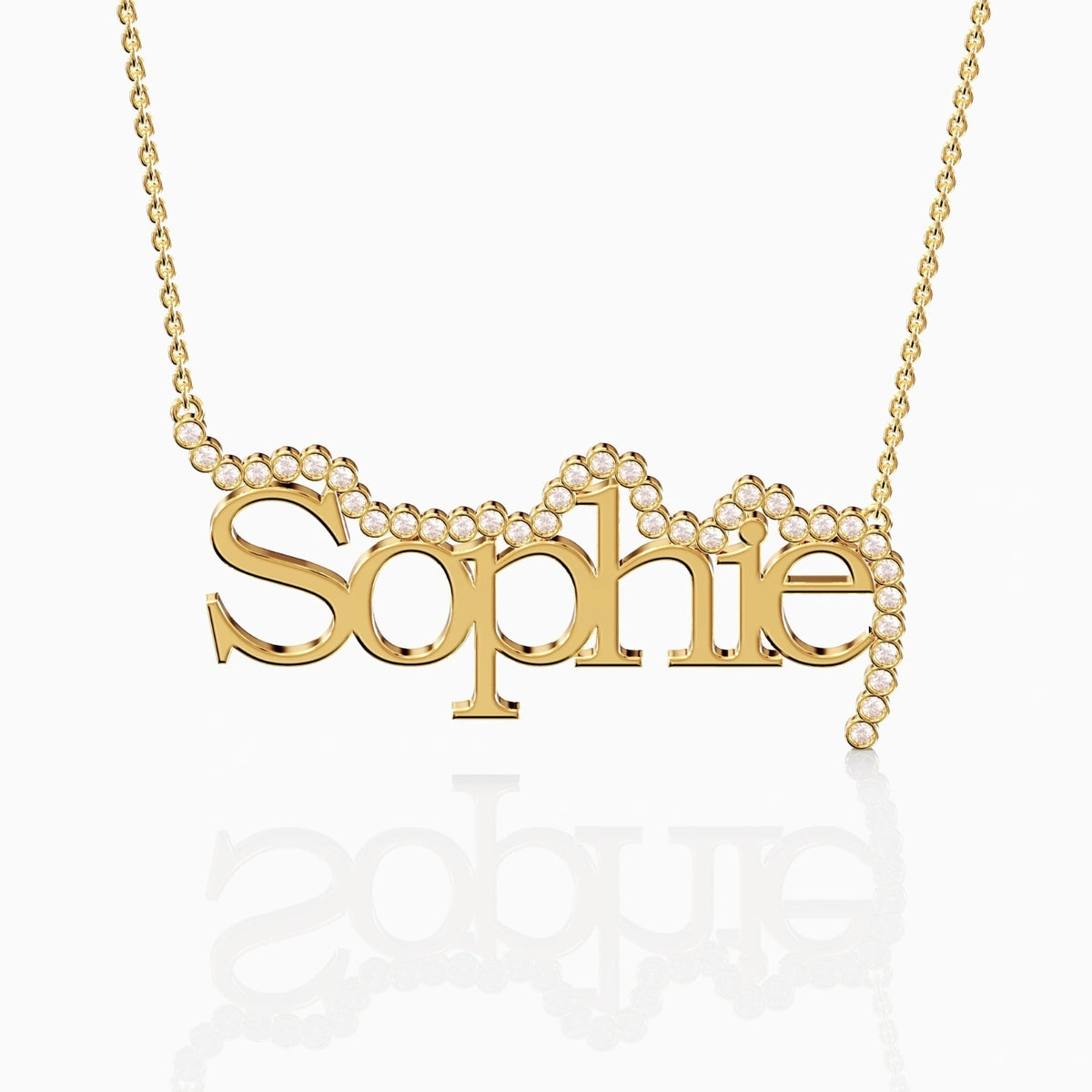 custom crest name necklace in 18ct yellow gold with diamond halo chain