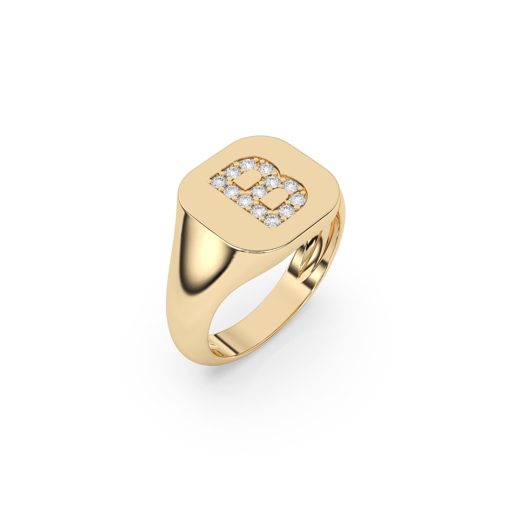 Signet initial ring in 14k solid gold set with diamonds