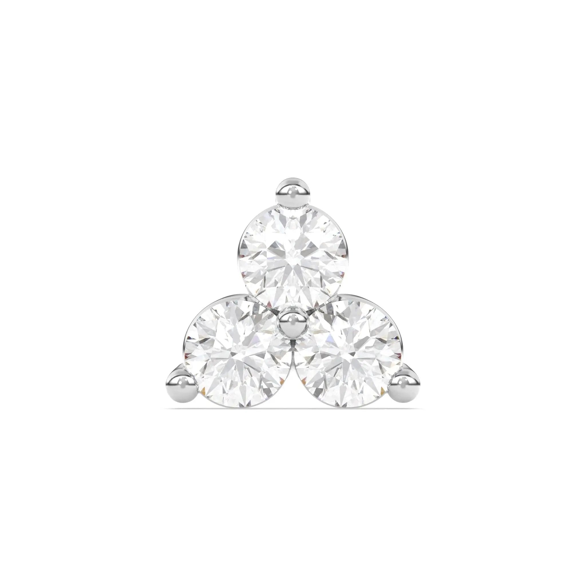 diamond stud earring handmade with three round diamonds set in 14k solid gold