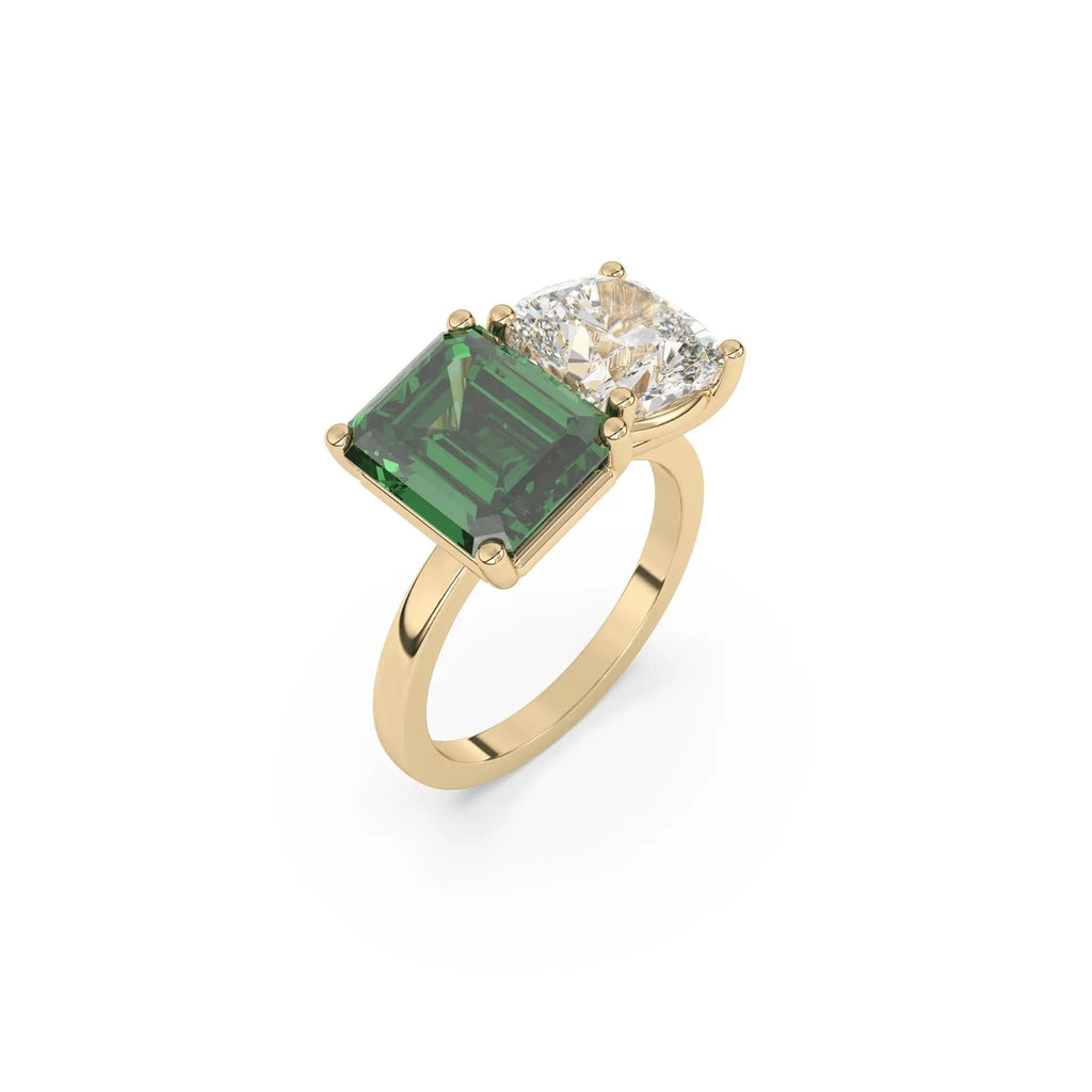 diopside and white topaz two stone ring in 14k yellow gold