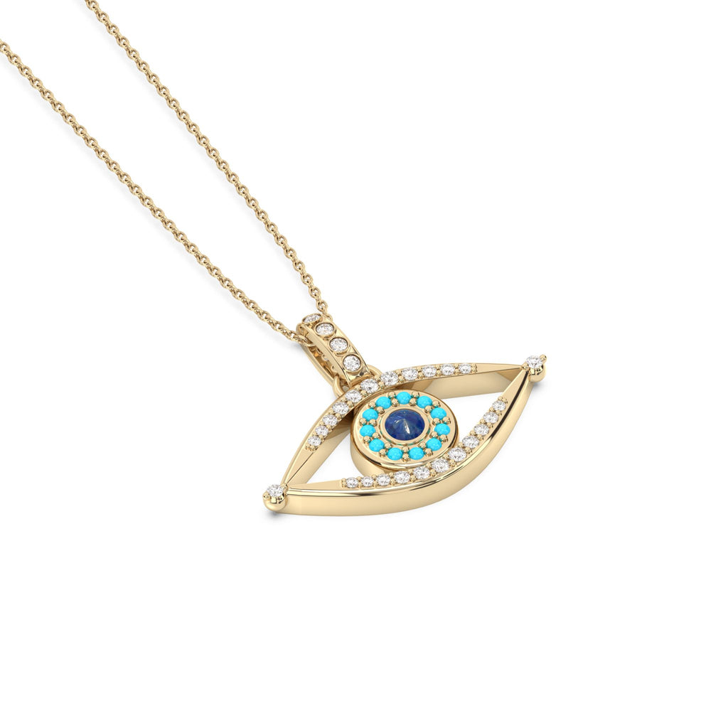 evil eye pendant in diamond and turquoise yellow gold