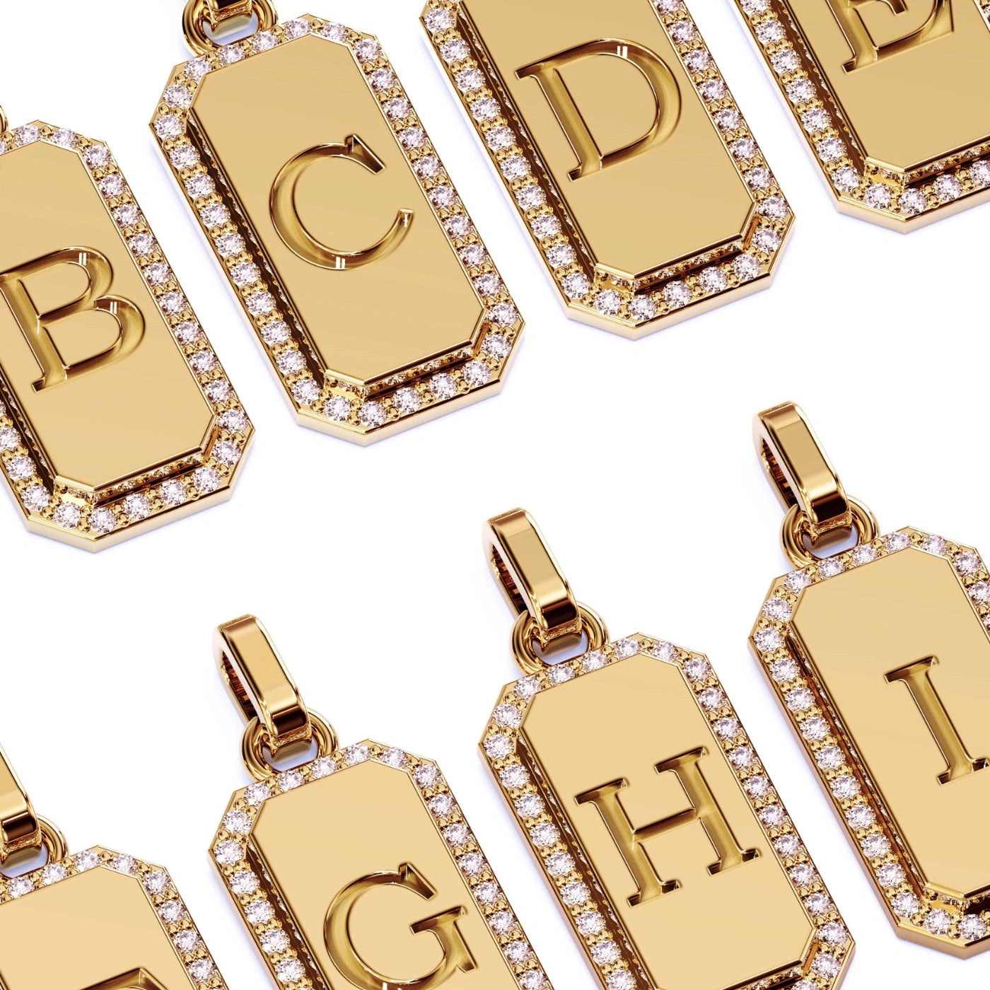 Gold Initial Necklace with Diamond Frame, alphabet zoomed