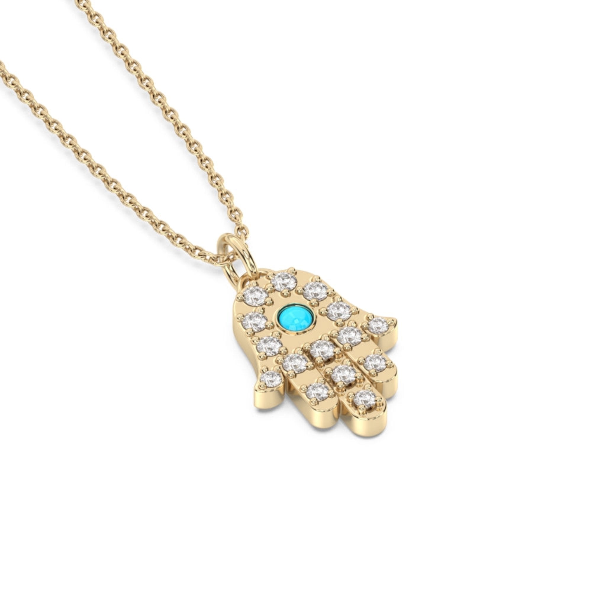 hamsa diamond pendant with turquoise in 14k yellow gold