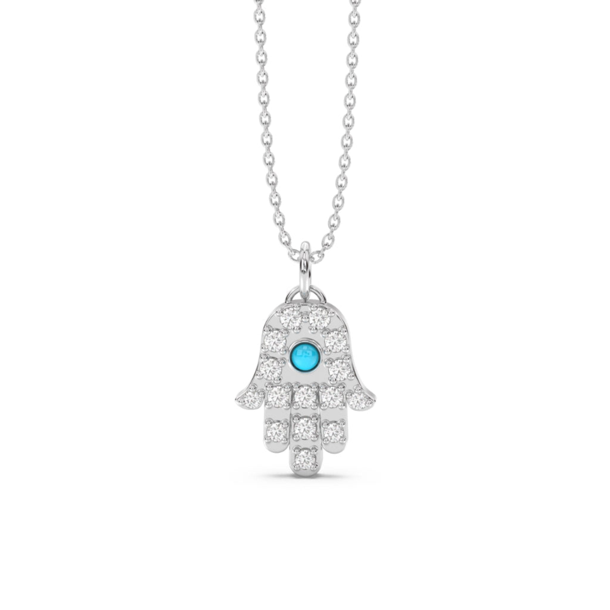 hamsa diamond pendant with turquoise in 14k white gold