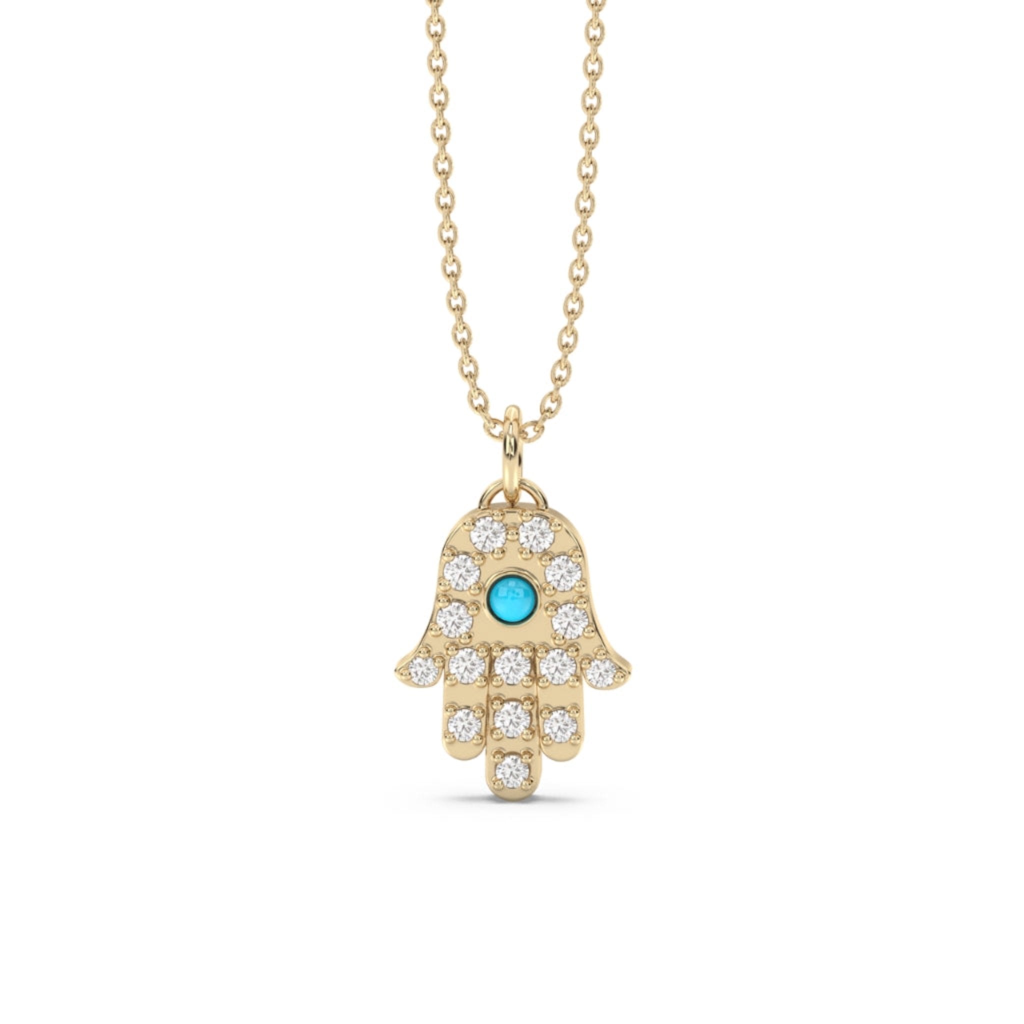 hamsa diamond pendant with turquoise in 14k yellow gold