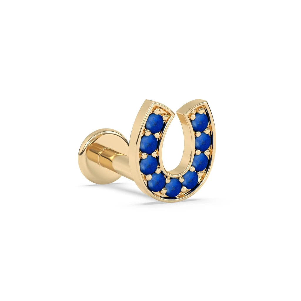 lucky horseshoe earring handmade with lapis set in 14k solid gold
