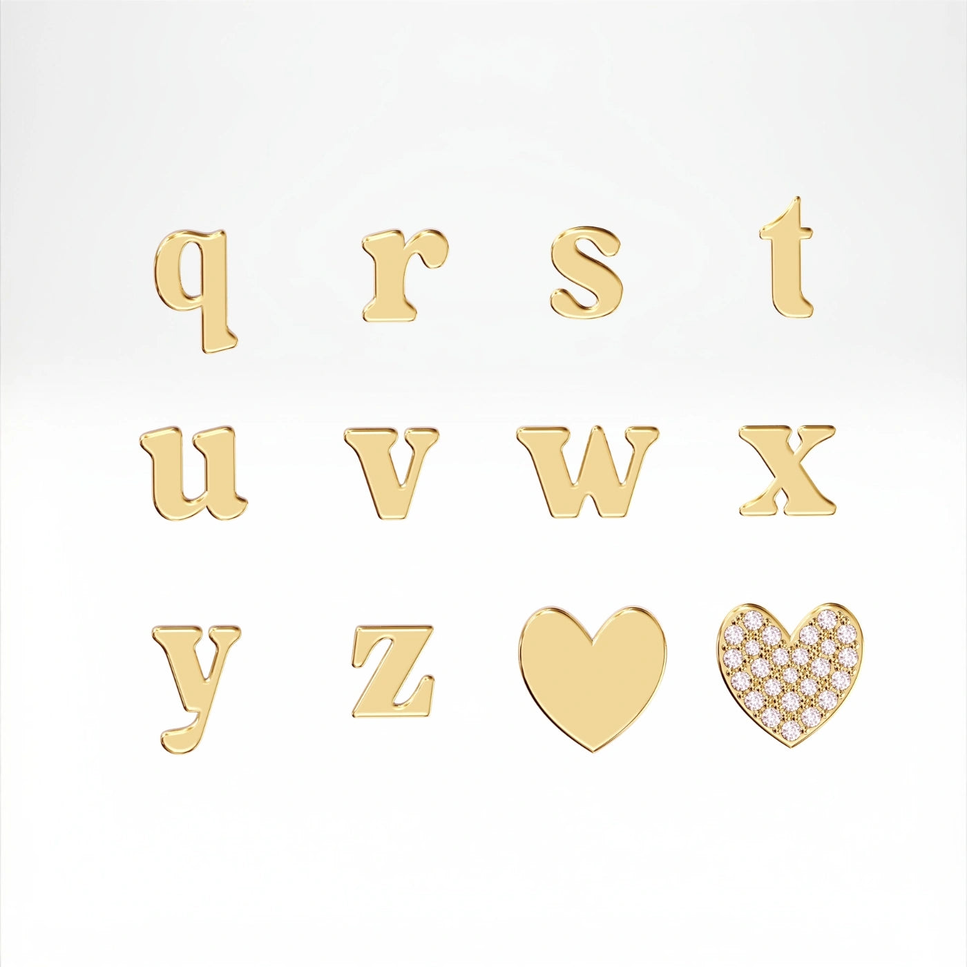 necklace with initials with plain or diamond heart charms, solid yellow gold