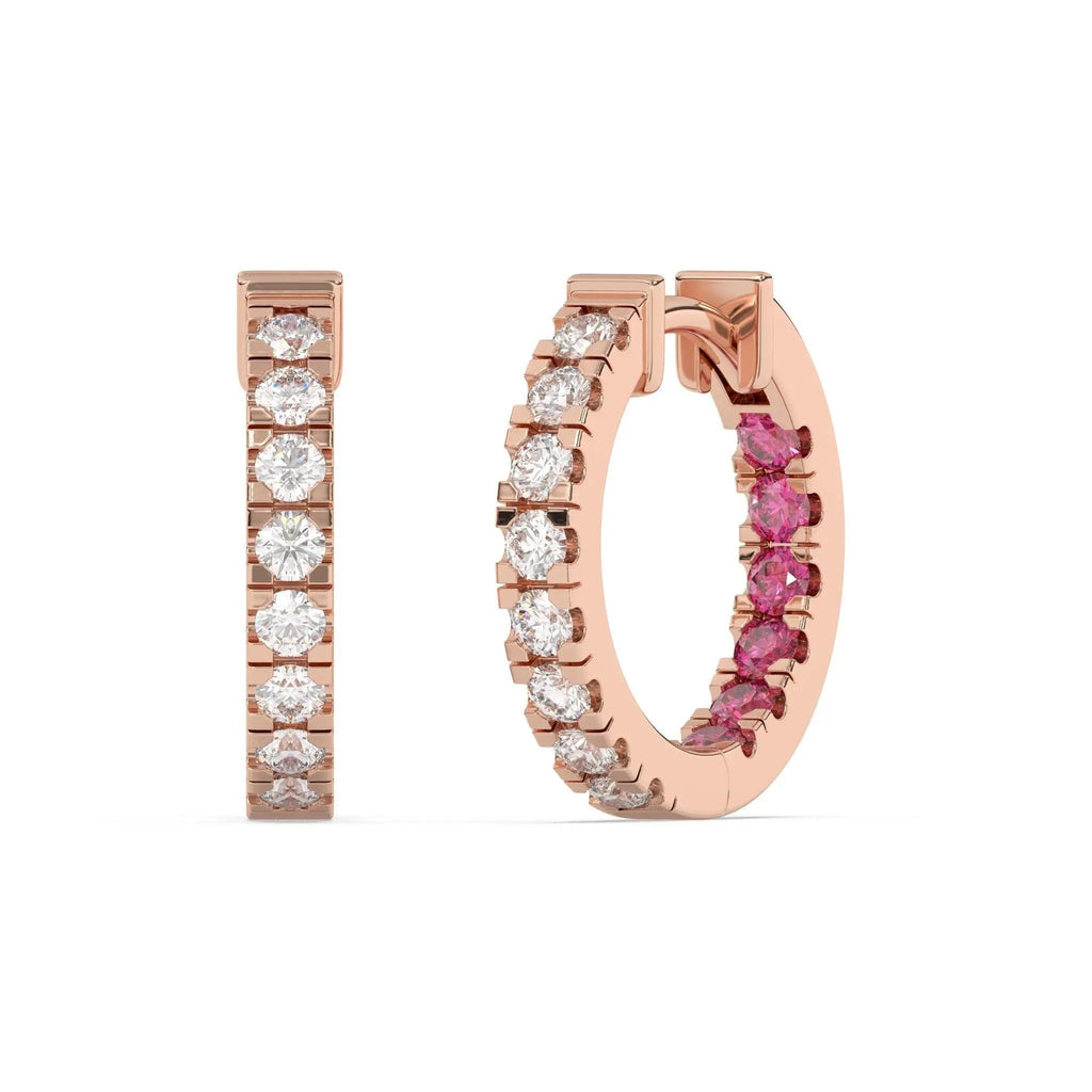 diamond jumbo huggies handmade with inset pink sapphires set in 14k solid gold