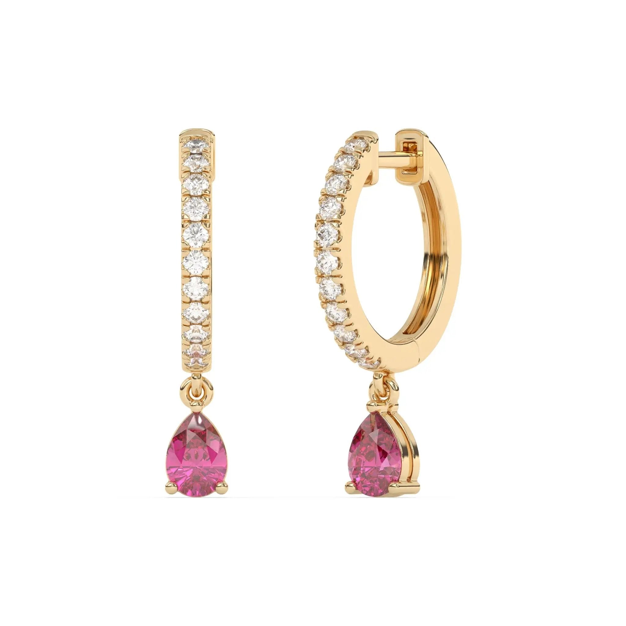 diamond huggies handmade with pear drop pink sapphire set in 14k solid gold