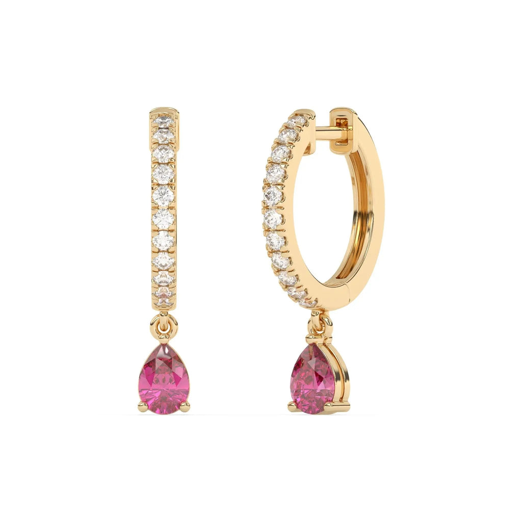 diamond huggies handmade with pear drop pink sapphire set in 14k solid gold