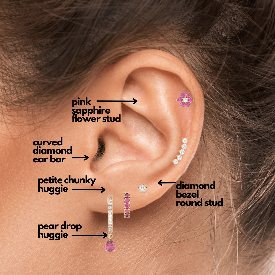 Pink sapphire pear drop huggie