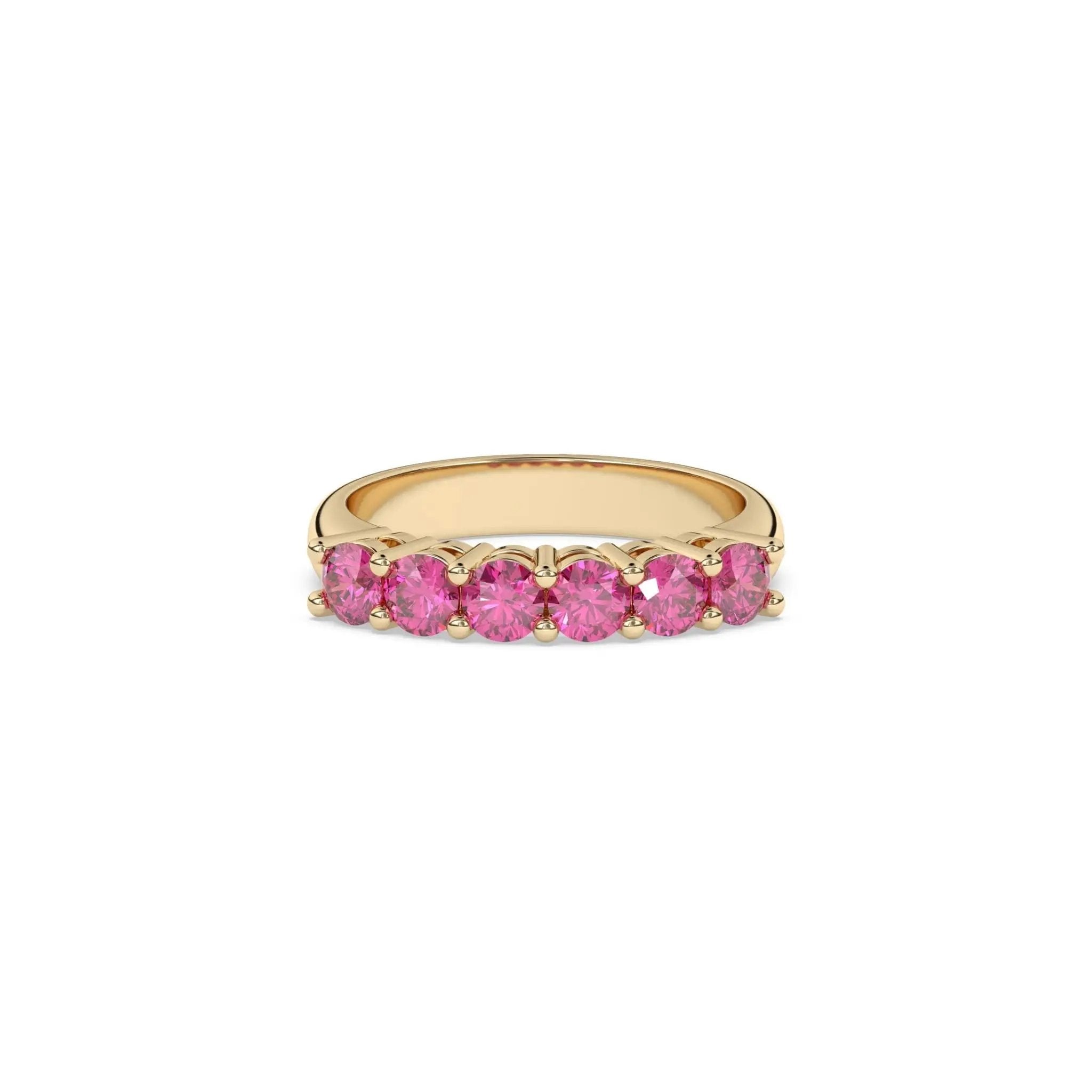 six stone ring handmade with pink sapphires in 14k solid gold