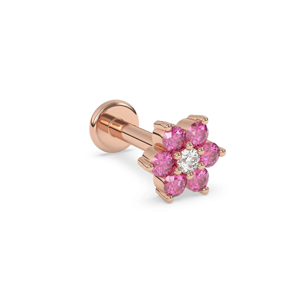 pink topaz flower earring with a diamond centre stone in rose gold