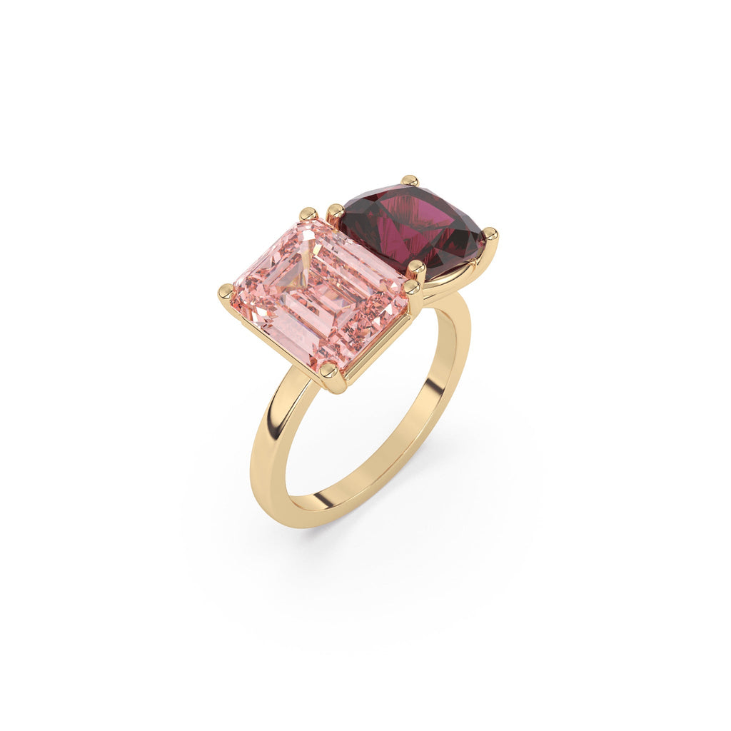 Pink topaz and garnet two stone ring in 14k yellow gold