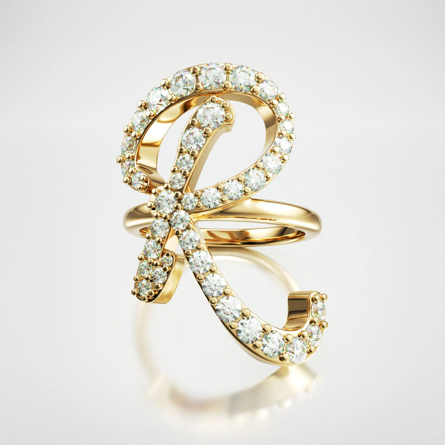 Diamond script initial R ring in solid yellow gold