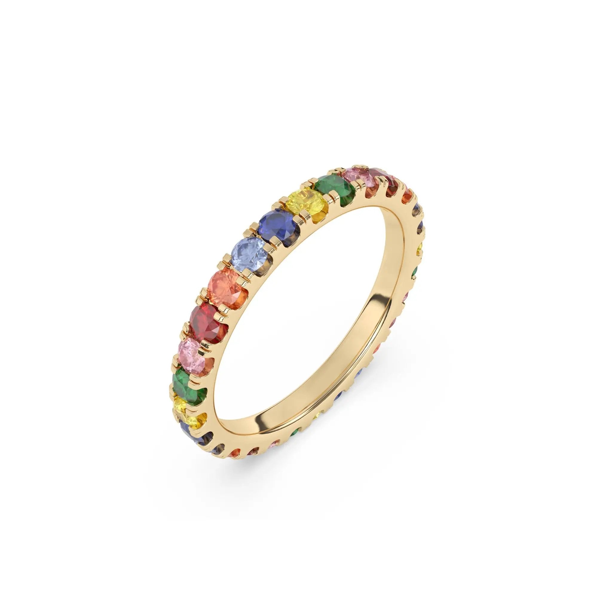 eternity ring handmade with rainbow sapphires set in 14k solid gold