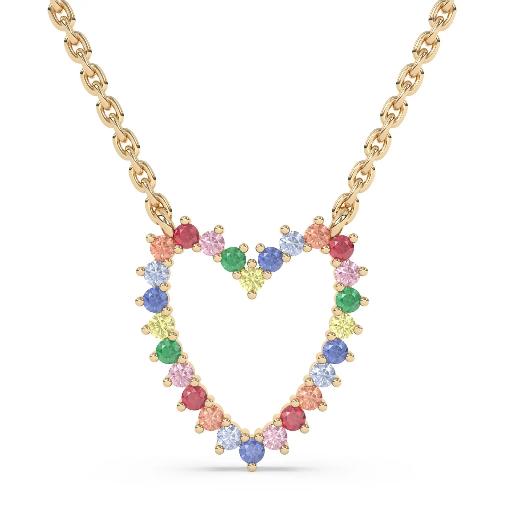 heart necklace handmade with rainbow sapphires set in 14k solid gold