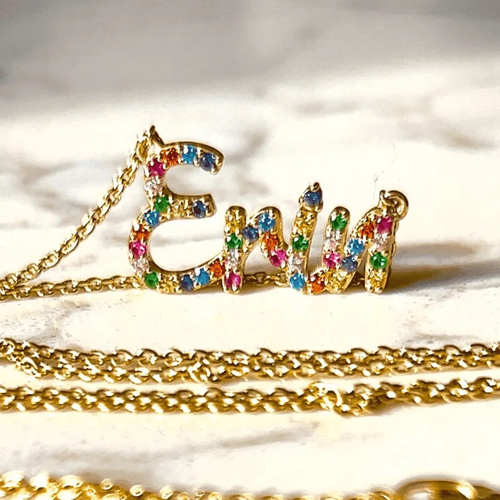 rainbow name necklace, personalised necklace in solid 14k yellow gold-photoname necklace handmade with rainbow sapphires set in 14k solid gold