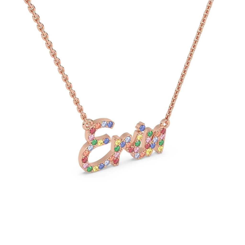 name necklace handmade with rainbow sapphires set in 14k solid gold