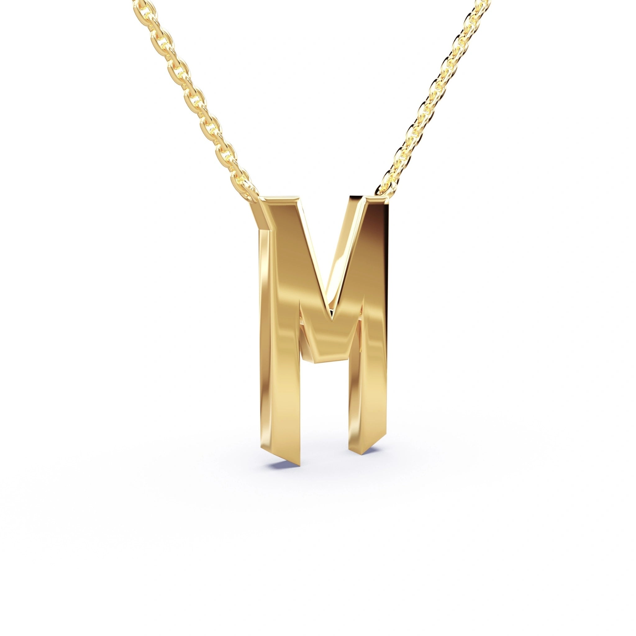 Gold necklace with a letter 'M' pendant on a white background