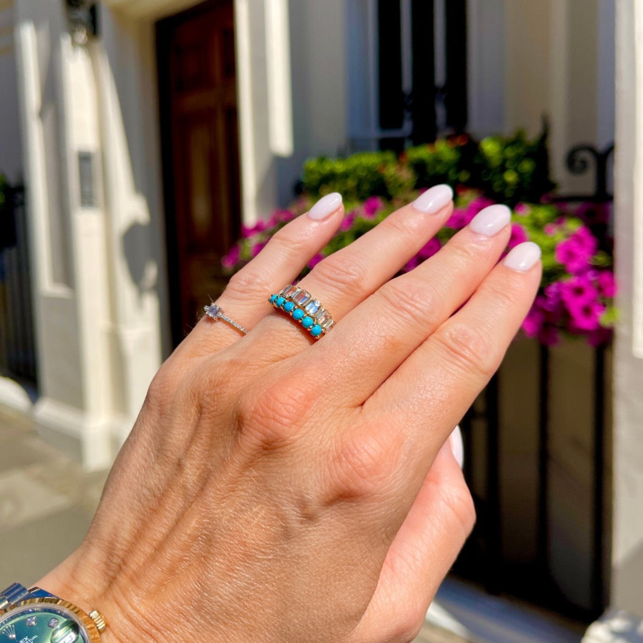 six stone ring handmade with turquoise set in 14k solid gold