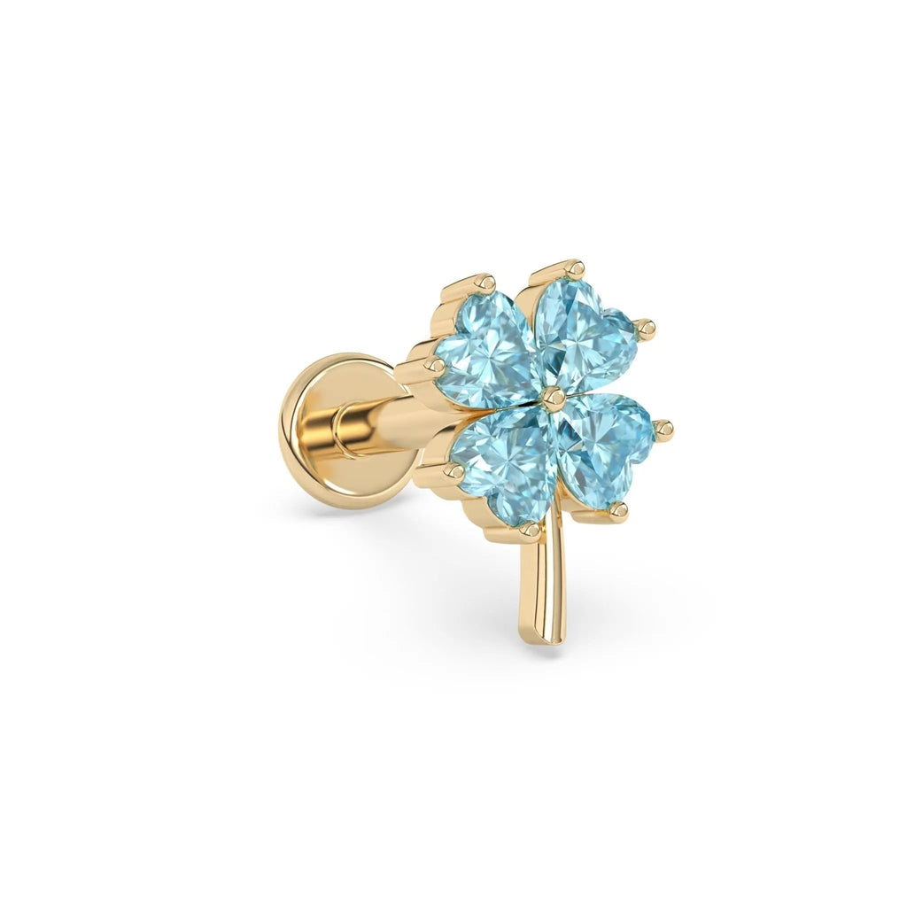 lucky four leaf clover earring handmade with blue topaz set in 14k solid gold