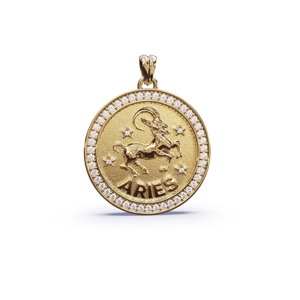 Gold Aries zodiac pendant with diamonds