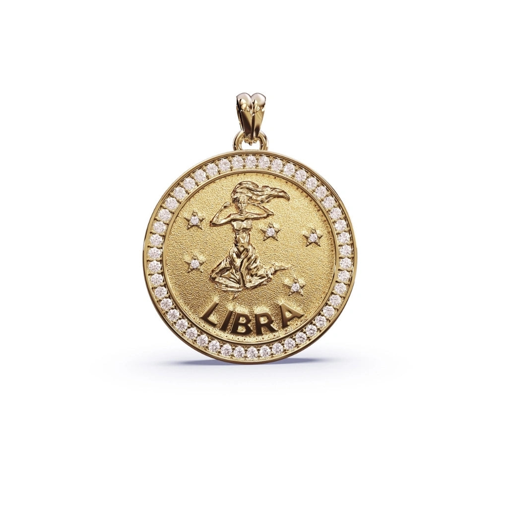 Gold Libra zodiac pendant with diamonds