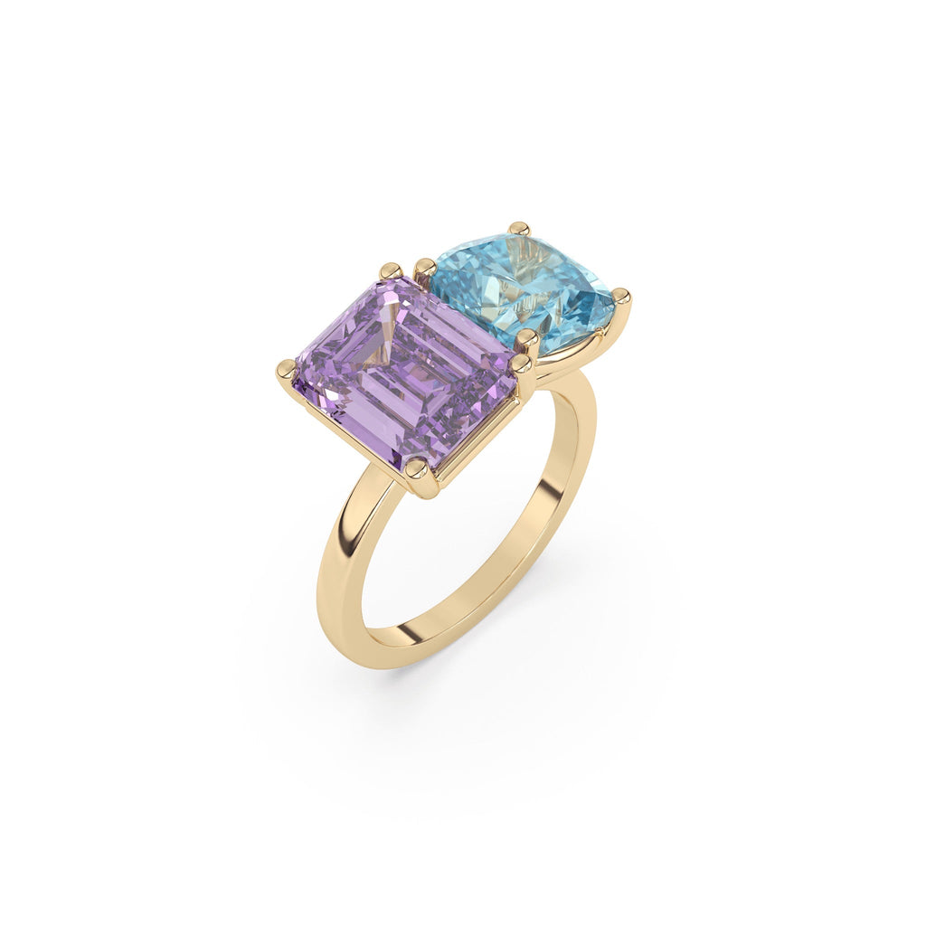 amethyst and blue topaz two stone ring in 14k solid yellow gold