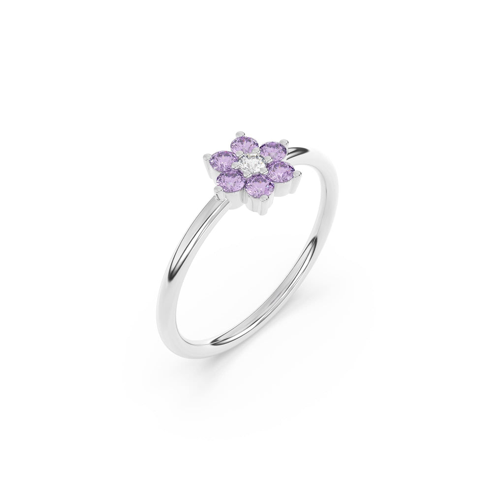 diamond flower ring handmade with amethyst set in 14k solid gold