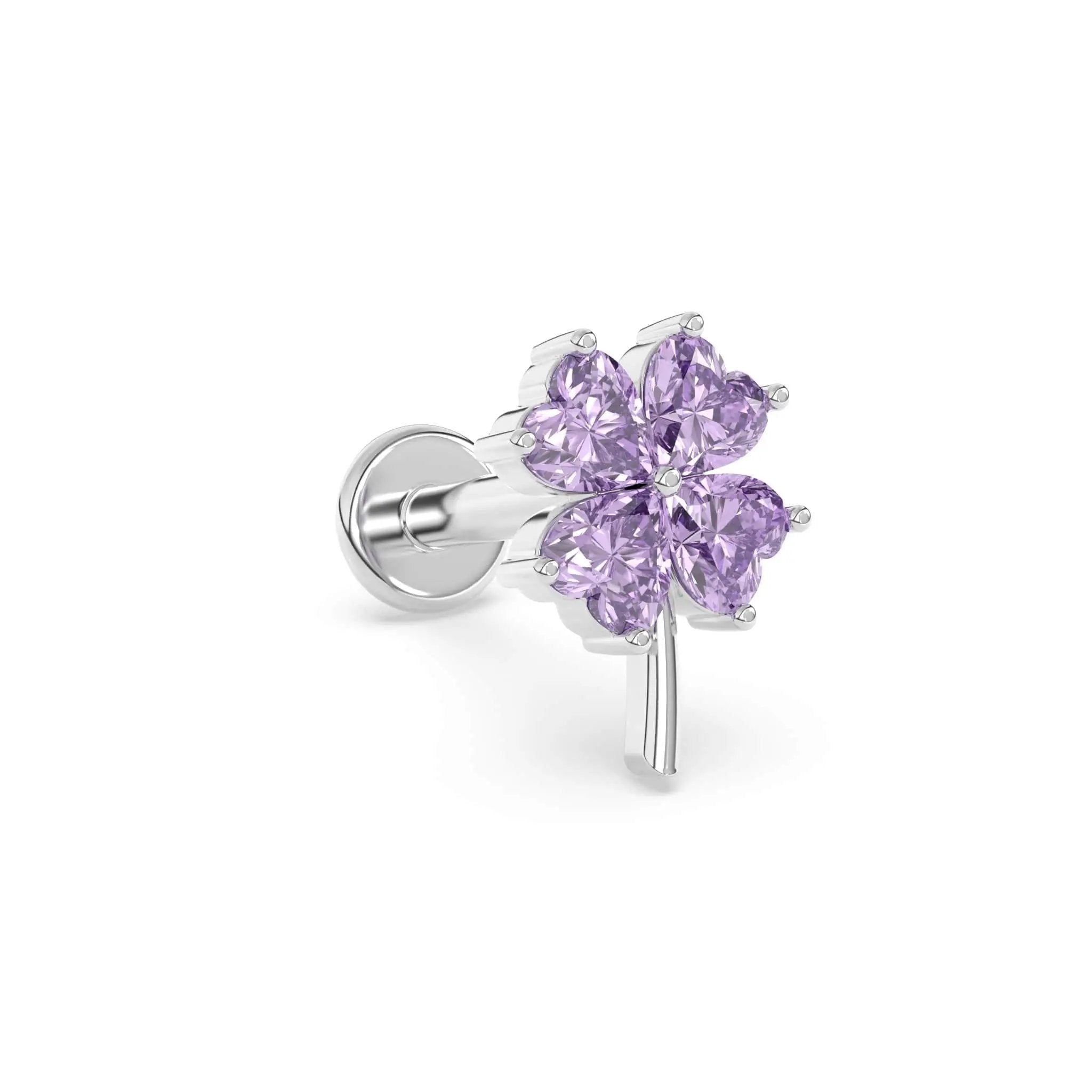 Amethyst four leaf clover studs in 14k white gold