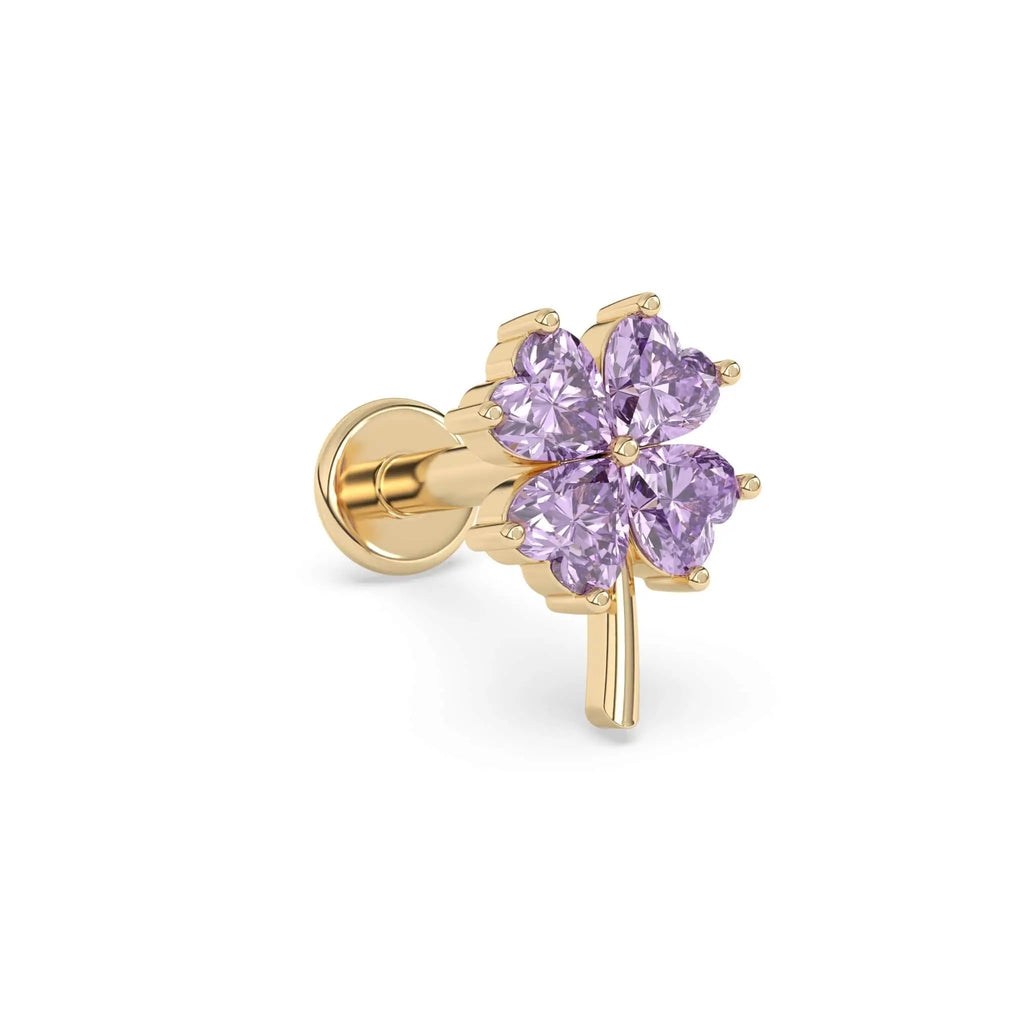 Amethyst four leaf clover stud earrings in 14k yellow gold.