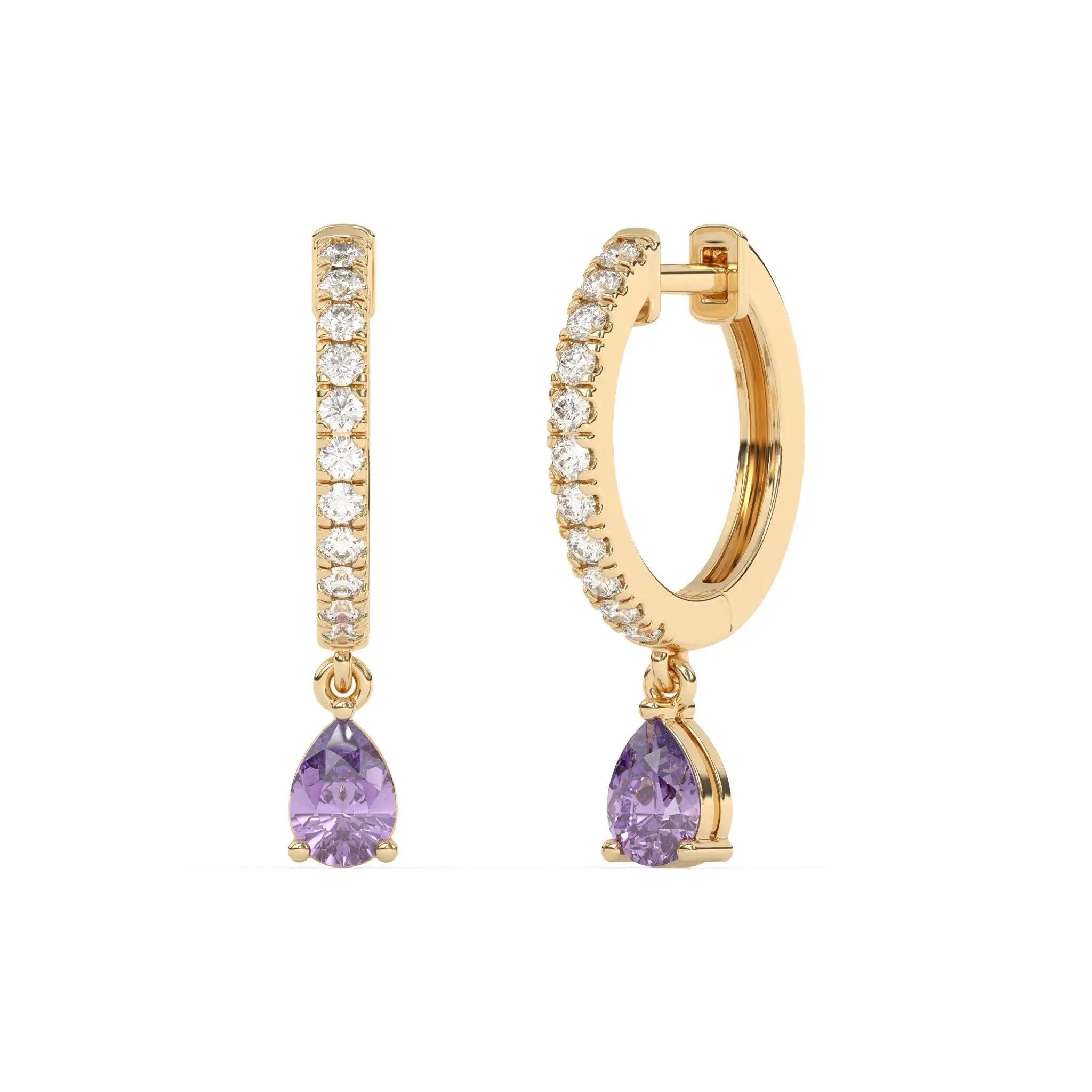 diamond huggies handmade with pear drop amethyst set in 14k solid gold