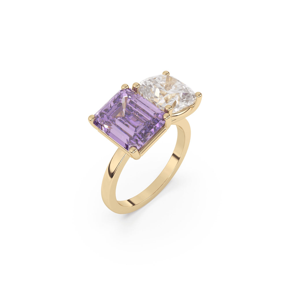 Two stone ring with amethyst and white topaz in 14k solid yellow gold