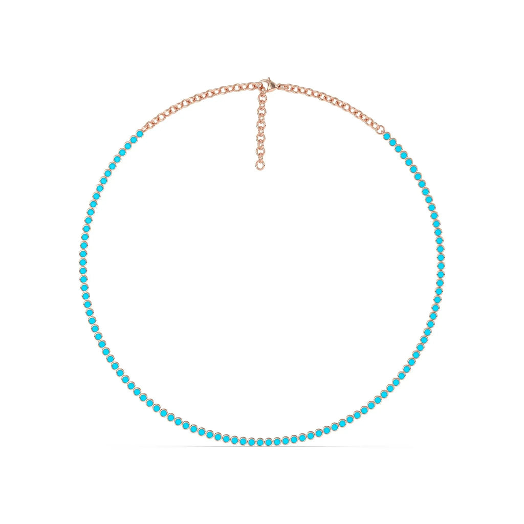 tennis necklace bezel set with turquoise handmade in 14k solid gold