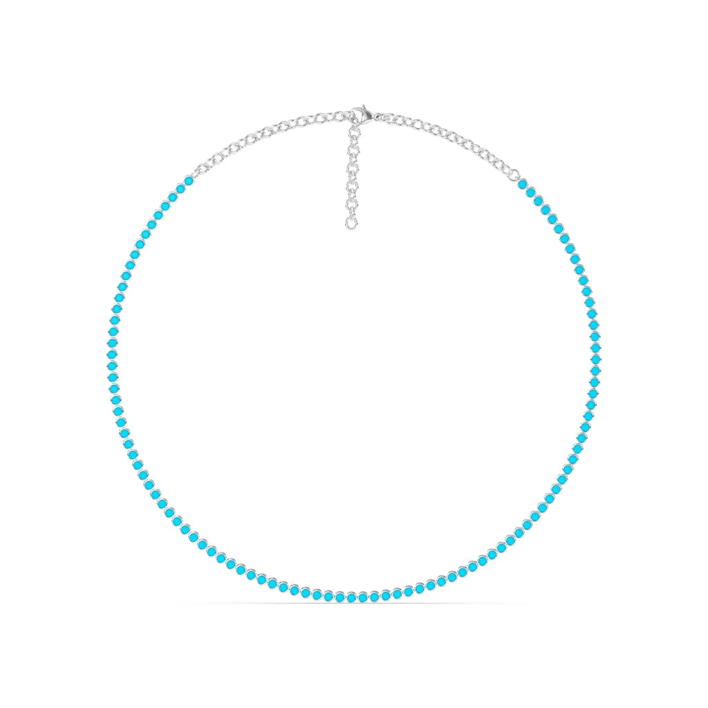 tennis necklace bezel set with turquoise handmade in 14k solid gold