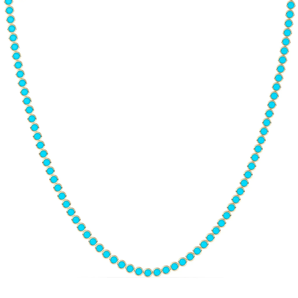 tennis necklace bezel set with turquoise handmade in 14k solid gold