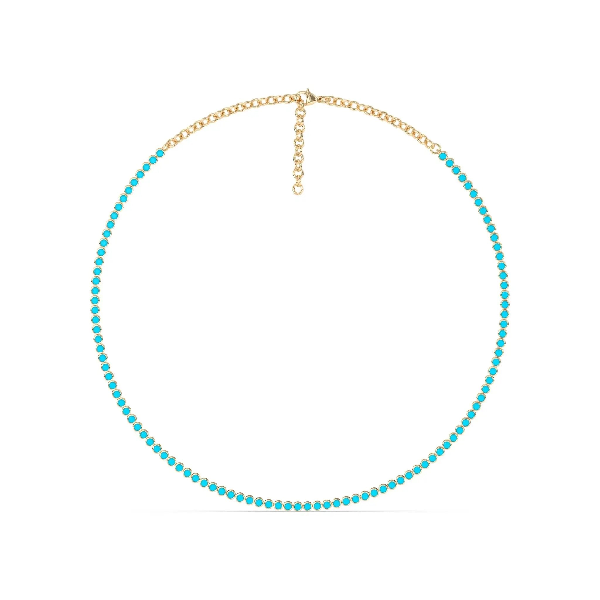 tennis necklace bezel set with turquoise handmade in 14k solid gold