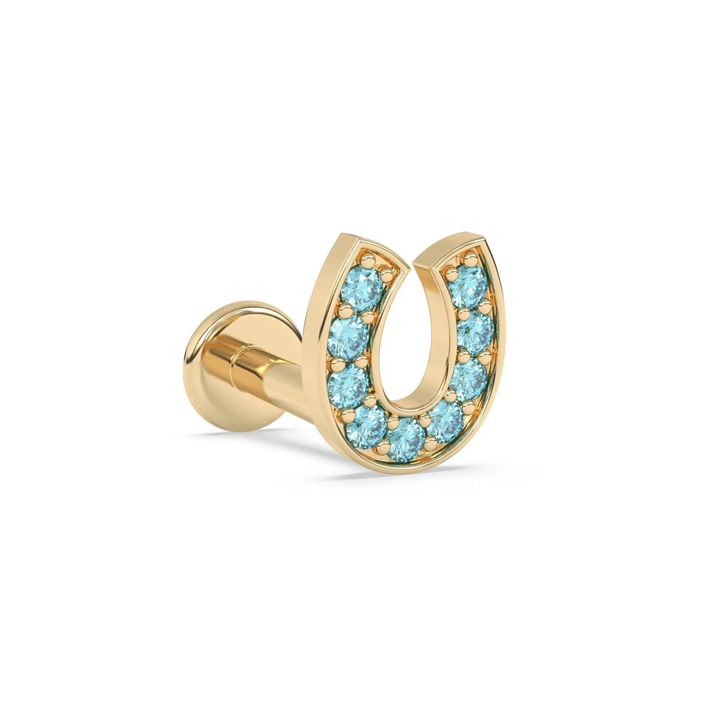 lucky horseshoe earring handmade with blue topaz set in 14k solid gold