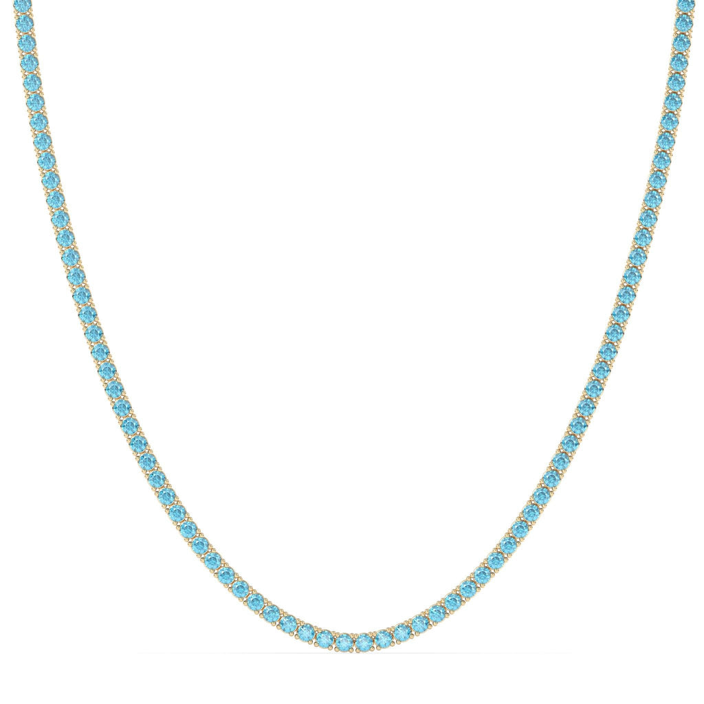 tennis necklace handmade with blue topaz set in 14k solid gold