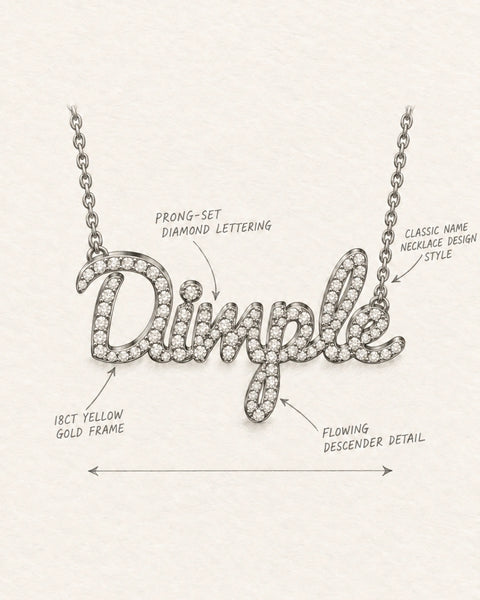 Pencil design sketch of the Dimple diamond name necklace with notes on the prong-set lettering and 18ct gold frame