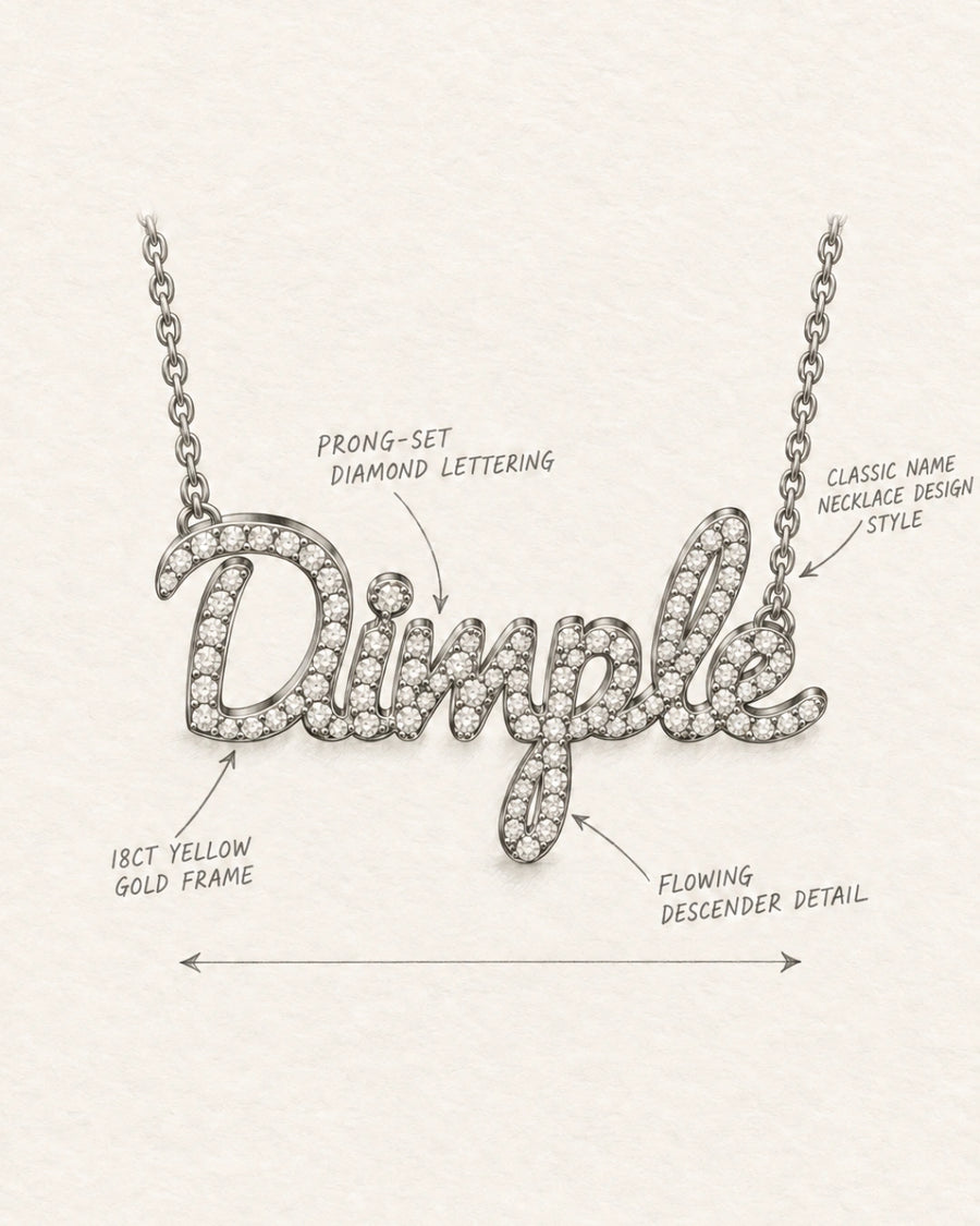 Pencil design sketch of a diamond name necklace reading Dimple in flowing script