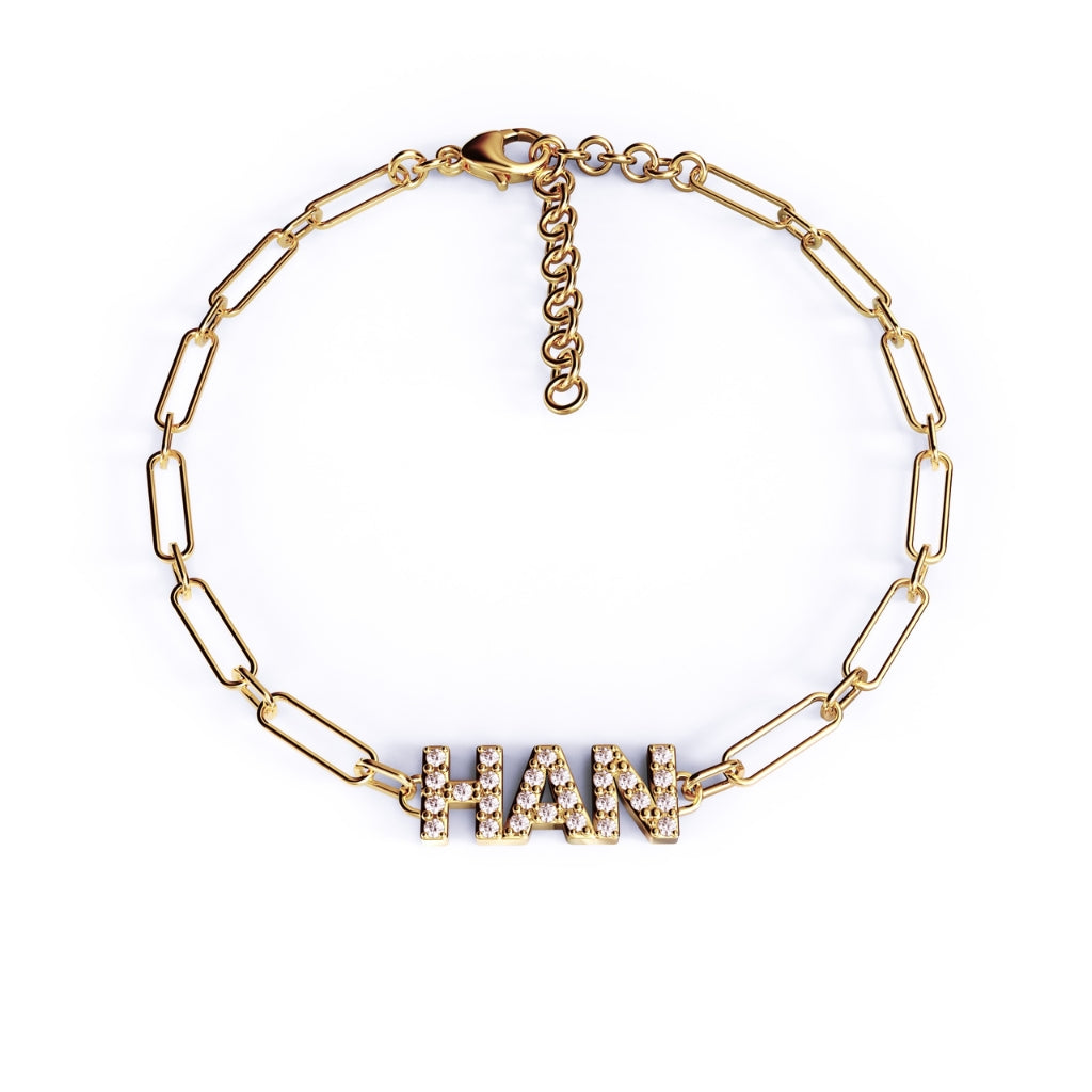 custom name bracelet with a paperclip chain argent and asher