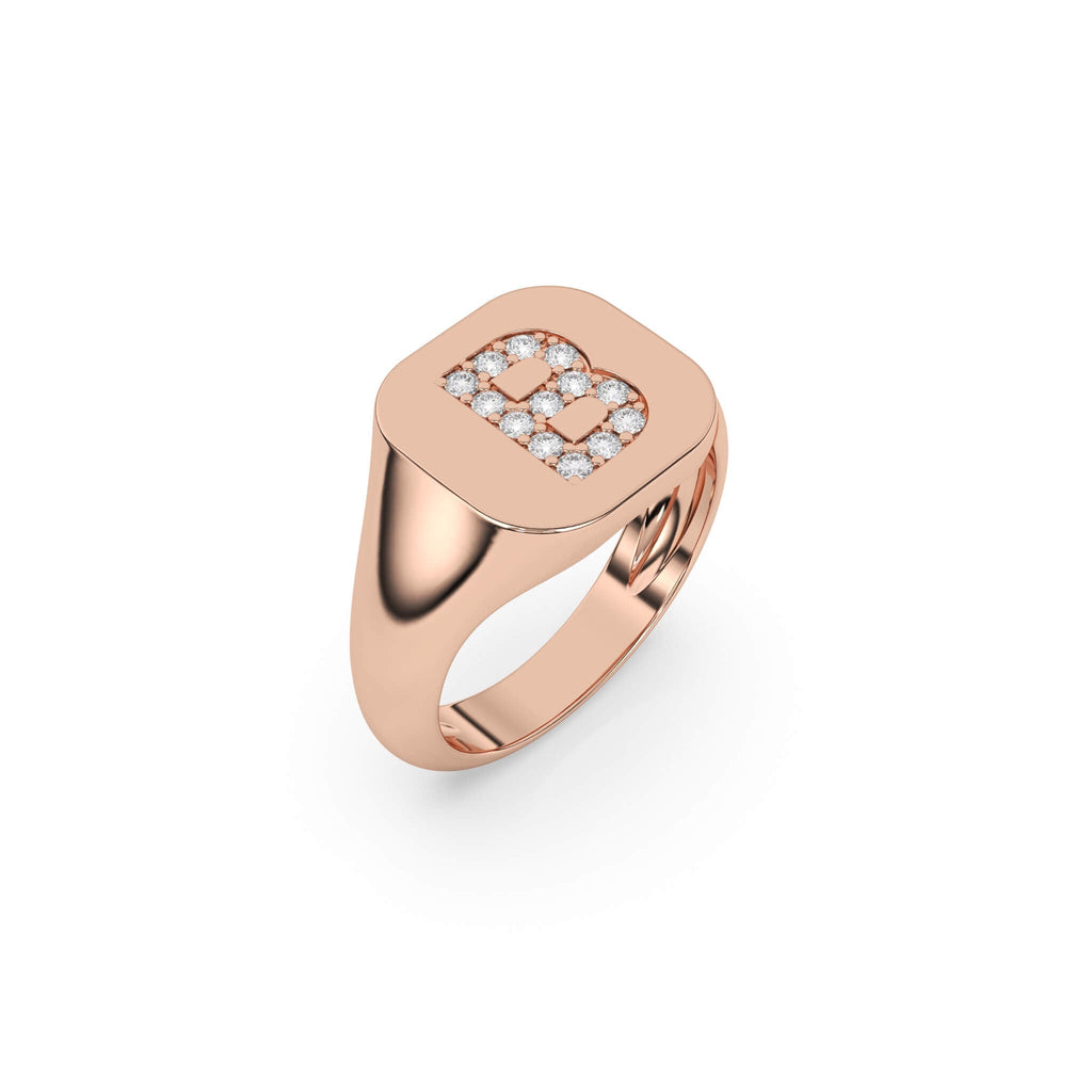 Signet initial ring in 14k solid gold set with diamonds
